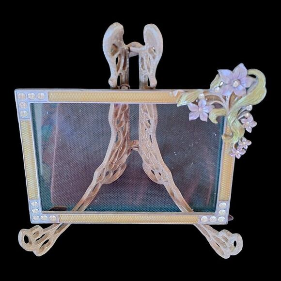 Vintage Andrea by Sadek Brass Folding Easel with ornate glass photo frame 3x5 - Picture 1 of 16